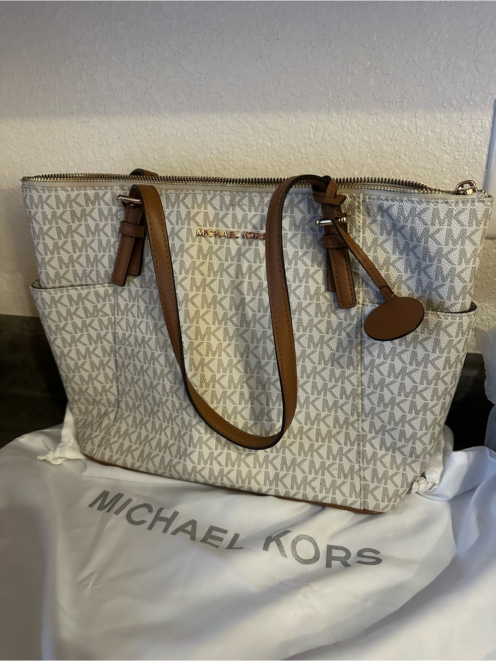 Michael Kors Cream Monogram Tote with Brown Trim